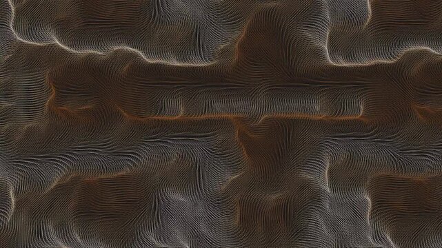 High-density 3D flow field simulating millions of soft fibers swaying in a seamless loop. Procedural geometric abstract textures with anisotropic velvet shading in earthy brown tones for tech.