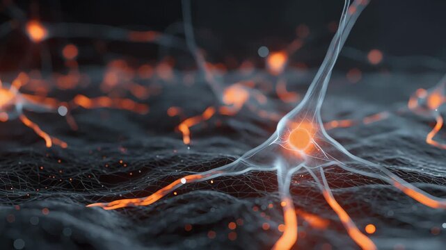 Glowing neuron connections spread across a dark surface, showing brain activity, neural networks, and science technology concept