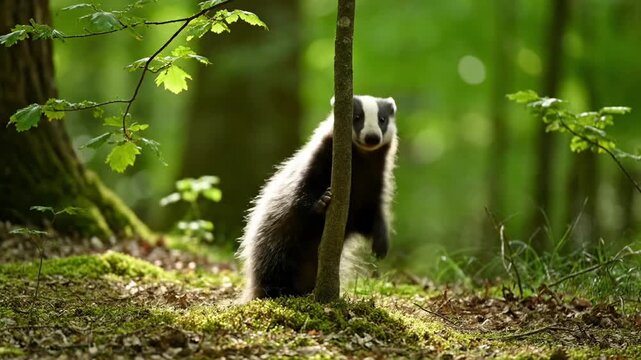 European badger standing in a forest glade with green foliage.
