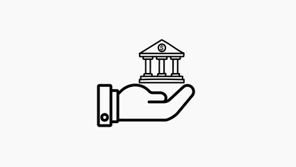 Naklejka premium Simple black outline of a human hand offering a classical bank building with columns and a dollar sign on its pediment, presented on a neutral white background. Keywords: hand, offering, bank