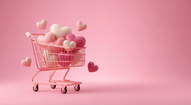 Pink Shopping Cart Filled with 3D Hearts on Soft Romantic Background