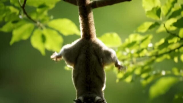 Monkey hanging upside down from a tree branch in a lush forest.