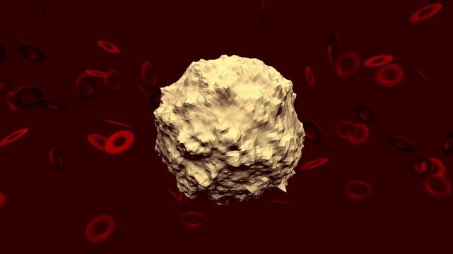 3D procedural animation of a platelet activating from discoid to spiky sphere amidst red blood cell flow. Medical visualization of coagulation and hemostasis. Seamless loop. 4K UHD.