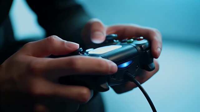 Gamer's Hands Operating Modern Video Game Controller in Immersive Experience