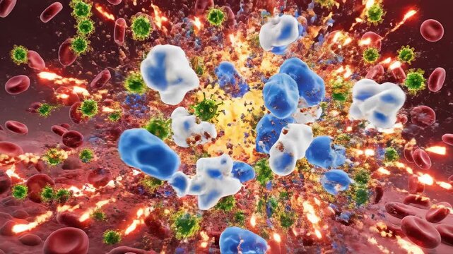 Rapid animation of stylized microscopic irritants multiplying and causing a stressful immunological flare-up microscopic, irritants, fast