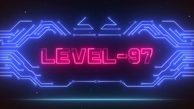 Level 97 gaming achievement screen with futuristic neon circuits, great for major milestone reveals and elite gamer rankings
