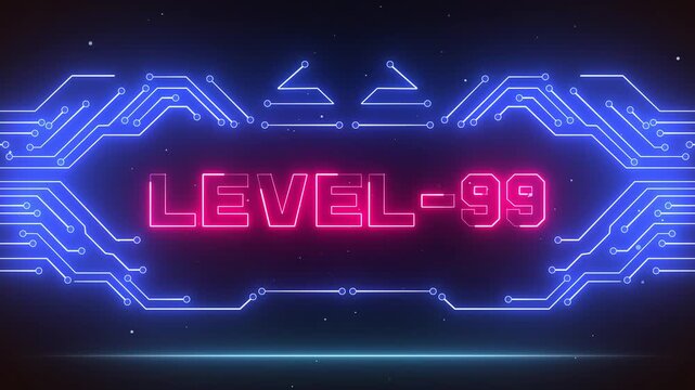 Level 99 ultimate gaming achievement screen with high-tech neon circuits, perfect for celebrating peak milestones and endgame intros