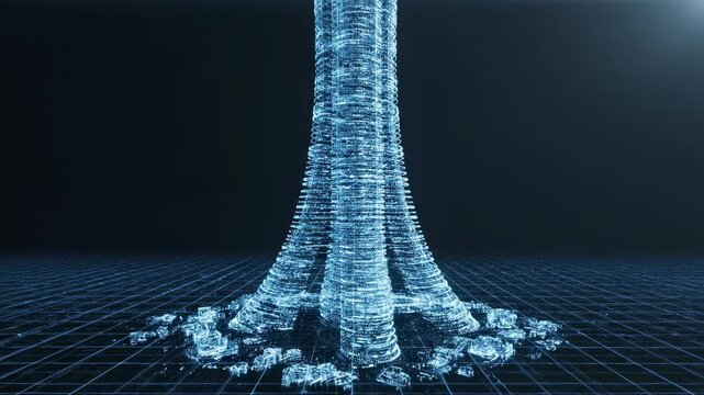 Rapid blue data streams and particle lines tracing the detailed framework of a futuristic urban mega-structure in virtual reality space reality, engineering, AI