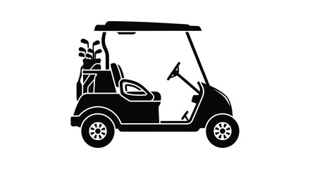 A stark black silhouette depicts a golf cart with clubs showcasing a simple and modern design silhouette