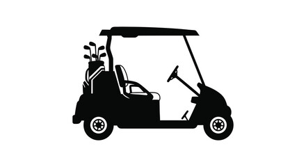 A stark black silhouette of a golf cart with clubs steering wheel and wheels isolated on white background silhouette