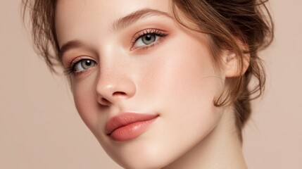 Obraz premium Beautiful young woman with natural makeup and soft features, showcasing fresh skin and wellness, against a light neutral background for commercial use