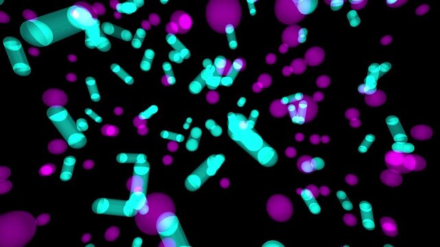 Seamless loop of fluorescent microbiome bacteria floating in void. Microscopic bacilli and cocci cells with additive glow. Procedural medical science background for biology and healthcare. 4K UHD.