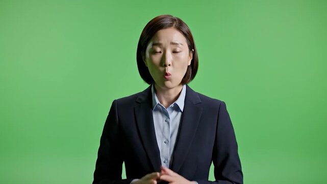 Woman in dark suit and light blue shirt speaks animatedly, hands gesturing