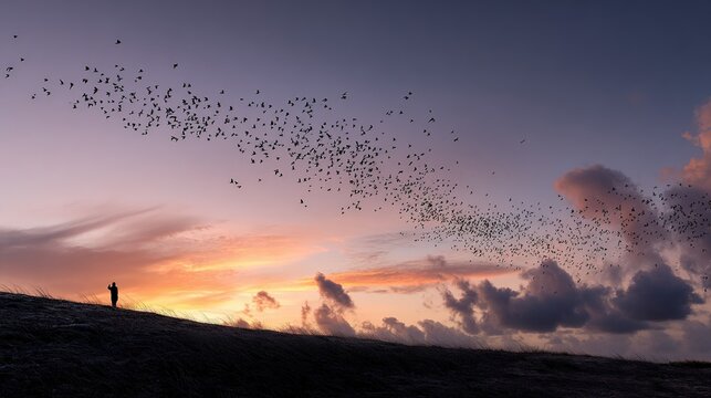 Silhouetted person watching a massive murmuration of starlings fly across a dramatic sunset twilight sky