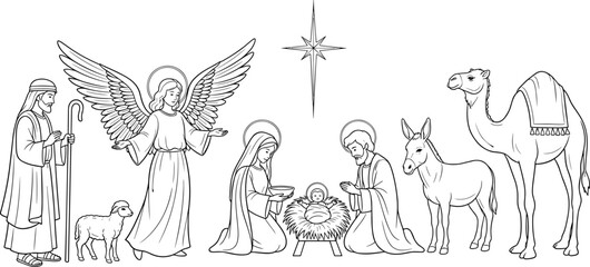 Traditional Christmas nativity scene with baby Jesus, Mary, Joseph, angel, and animals, minimalist black and white line art vector illustration.