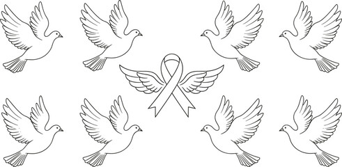Obraz premium Vector line art set of flying doves and awareness ribbon with wings, minimalist black and white peace and hope illustrations.