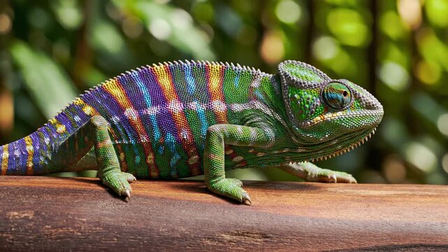 Rapid color change and shifting skin patterns demonstrated by a bright chameleon resting motionless on a smooth wooden log natural world, texture, log