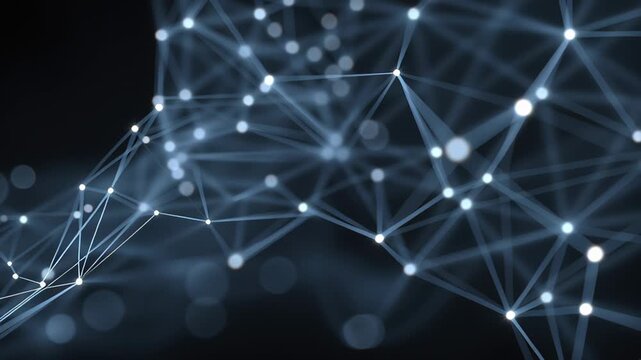 Glowing connected points and thin lines form a digital network on a dark background, showing data flow and modern technology concept