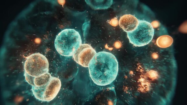 Microscopic bacteriophage particles infecting bacterial cells in a dark environment viewed from a close-up perspective