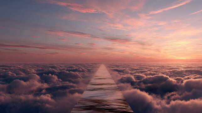 A straight path made of water stretches across a dense sea of clouds under a dramatic sunset sky