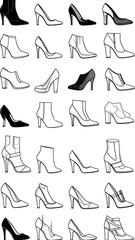 Fototapeta premium A collection of stylized high-heeled shoe outlines in diverse designs, arranged in rows