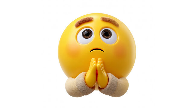 Yellow emoji with a pleading face and clasped hands in a 3d rendering on a black background