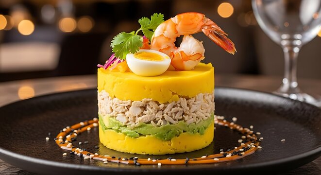 Luxury Peruvian Causa Rellena with Shrimp & Avocado