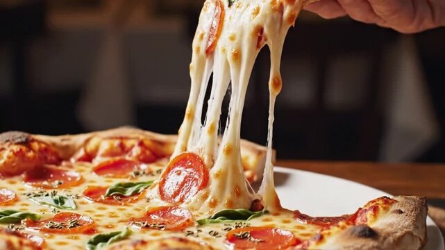 Medium close up cinematic food footage of a human hand lifting one slice from a hot pizza melted cheese stretching slowly creating long gooey cheese pull golden brown crust glossy cheese surface visib