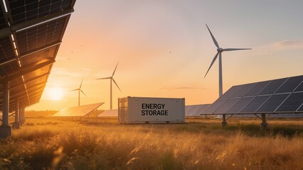 Renewable energy farm at sunset