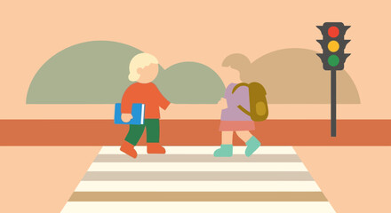 Naklejka premium Children crossing the street at a pedestrian crossing with a traffic light.