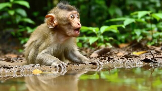 Cute baby monkey sitting by a forest pond.