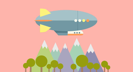 Airship flying over mountains and trees in a fantasy landscape. © Abhinaya Project