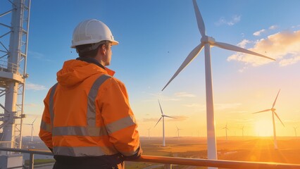 Engineer observing wind turbines at sunset