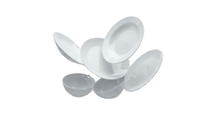 Floating white ceramic plates and bowls with dynamic water splash in 3D render style