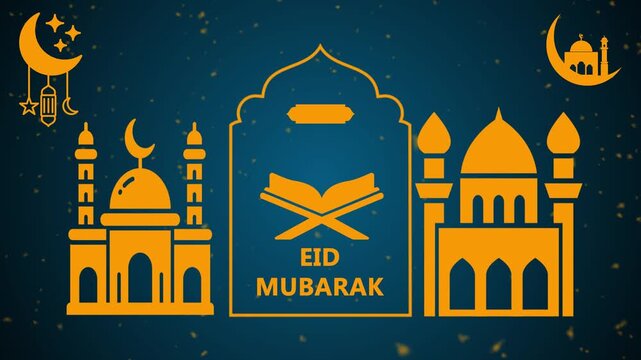 Eid Mubarak Greeting Card Background with Gold Mosque Silhouettes, Quran Illustration, and Crescent Moon on Dark Blue Backdrop.