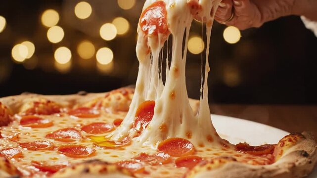 Medium close up food video capturing dramatic cheese pull as hand lifts pizza slice melted cheese strands stretching long glossy surface and crispy crust visible warm lighting shallow depth of field c