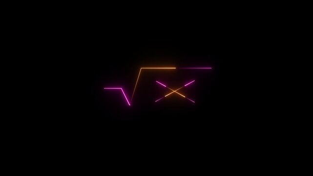 A glowing neon square root symbol with an 'X' superimposed over it, rendered in purple and orange hues against a stark black background. Evokes concepts of math, data, and digital solutions.