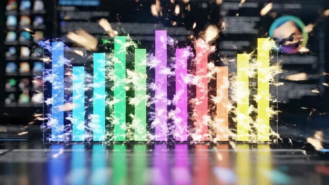 Rapid filling animation of vertical multicolored bar indicators symbolizing fast progress and exponential technical achievement on a blurred desktop modern, graph, symbolizing