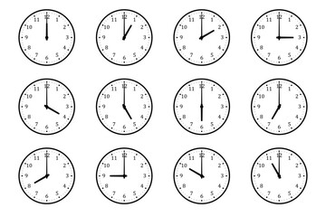1時間刻みのアナログ時計アイコンセット（0時から11時・シンプル・モノクロ）