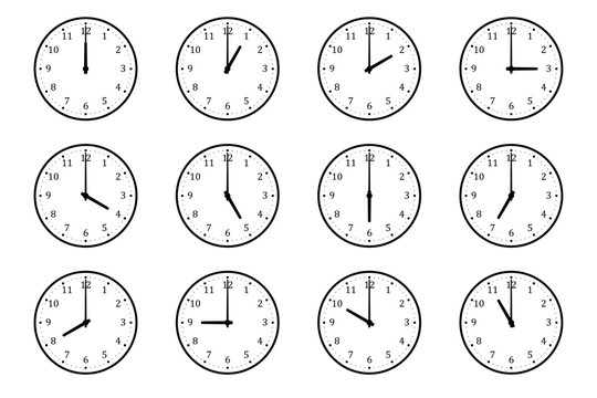 1時間刻みのアナログ時計アイコンセット（0時から11時・シンプル・モノクロ）