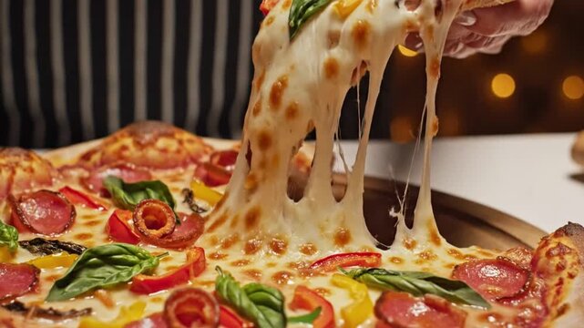 Commercial food video medium close up of pizza cheese pull effect human hand lifting slice elastic melted cheese strands rich toppings glossy cheese surface warm cinematic lighting shallow depth of fi