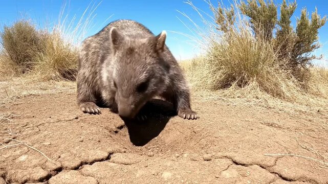 Australian wombat walking on dry cracked earth in natural habitat.