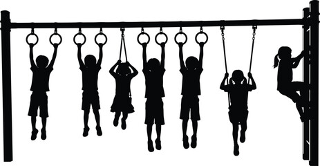 Children playground monkey bars silhouette vector illustration kids hanging climbing rings swing outdoor activity park equipment black white set © Tohidul