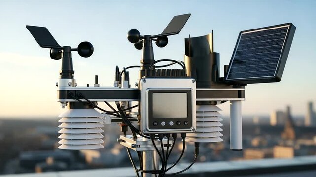 Modern Weather Station With Solar Panel Measures Atmospheric Conditions.
