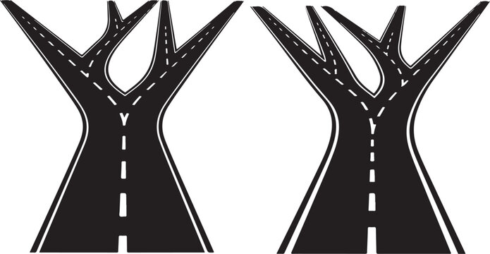 Roads diverge into multiple paths on white background illustration