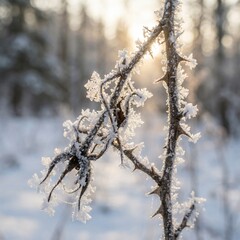 Intricate ice crystals sparkle upon thorny winter branch backlit by soft golden sunlight