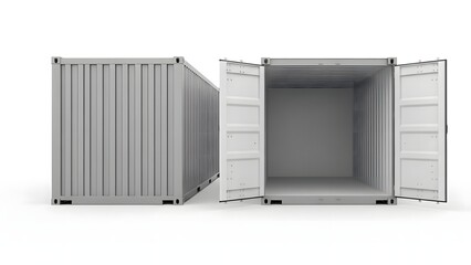 Two gray metal shipping containers on a white background