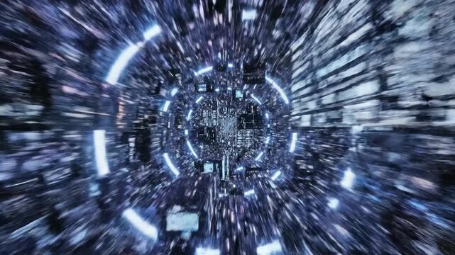 Rapid flight through a complex geometric tunnel made of interlocking cubes and structures representing deep data architecture and storage geometric, storage solution, processing