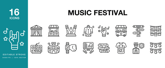 Music Festival icon set. Includes music, festival, concert, live, stage, band and More. Editable Stroke Icon Collection.