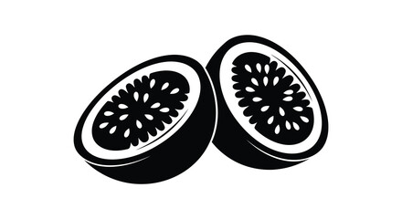 A striking graphic depiction of two passion fruit halves showcasing their seed filled interiors in silhouette high quality professional © jivect02